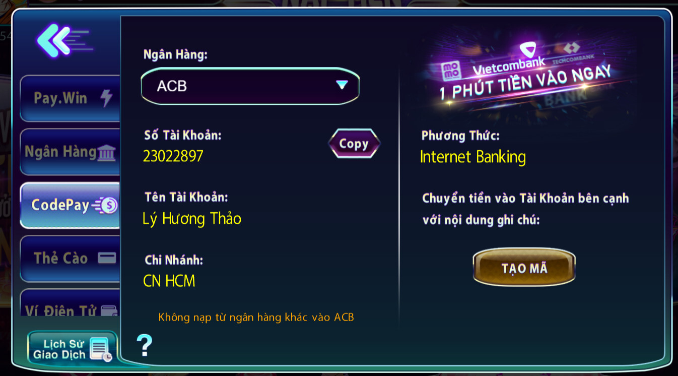 nap tien 789club 7 Hướng dẫn nạp tiền tại 789Club qua Code Pay